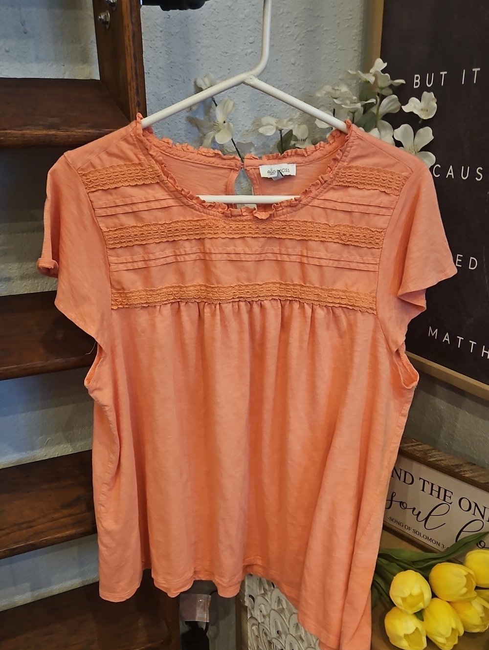 Women's Lightweight Crochet Yoke Top - Coral